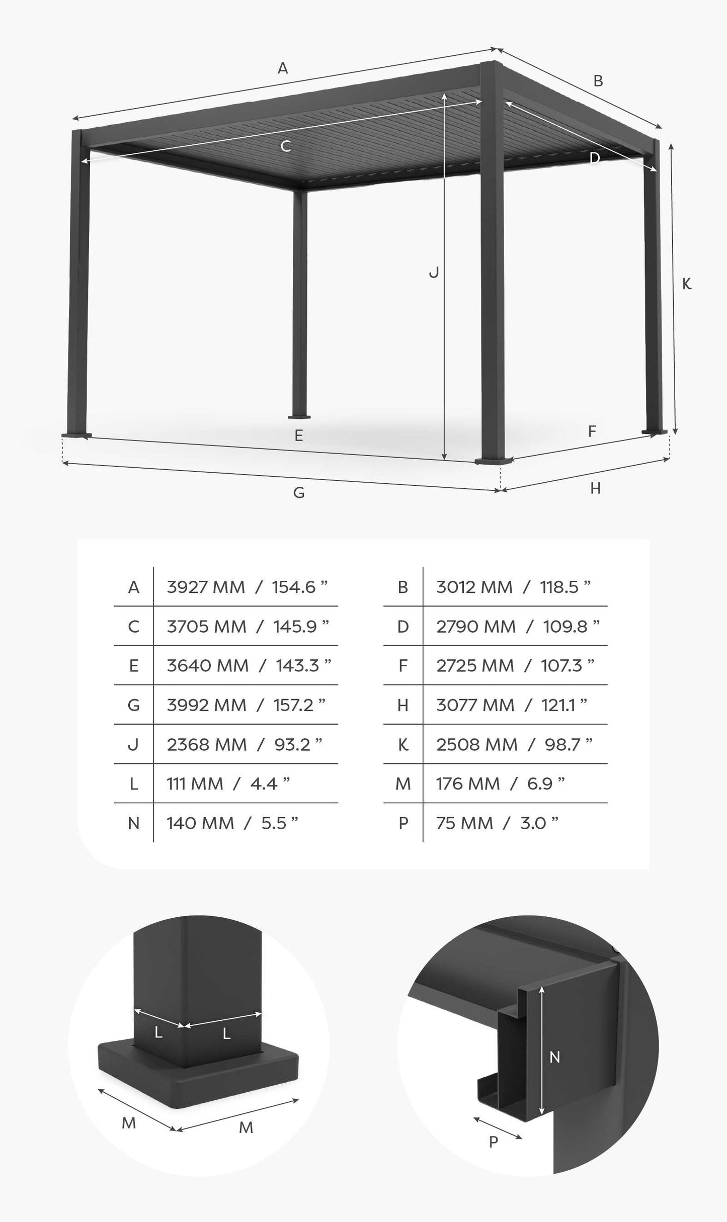 Nova - Titan LED Freestanding Aluminium Pergola - 4m x 3m Rectangular - Grey