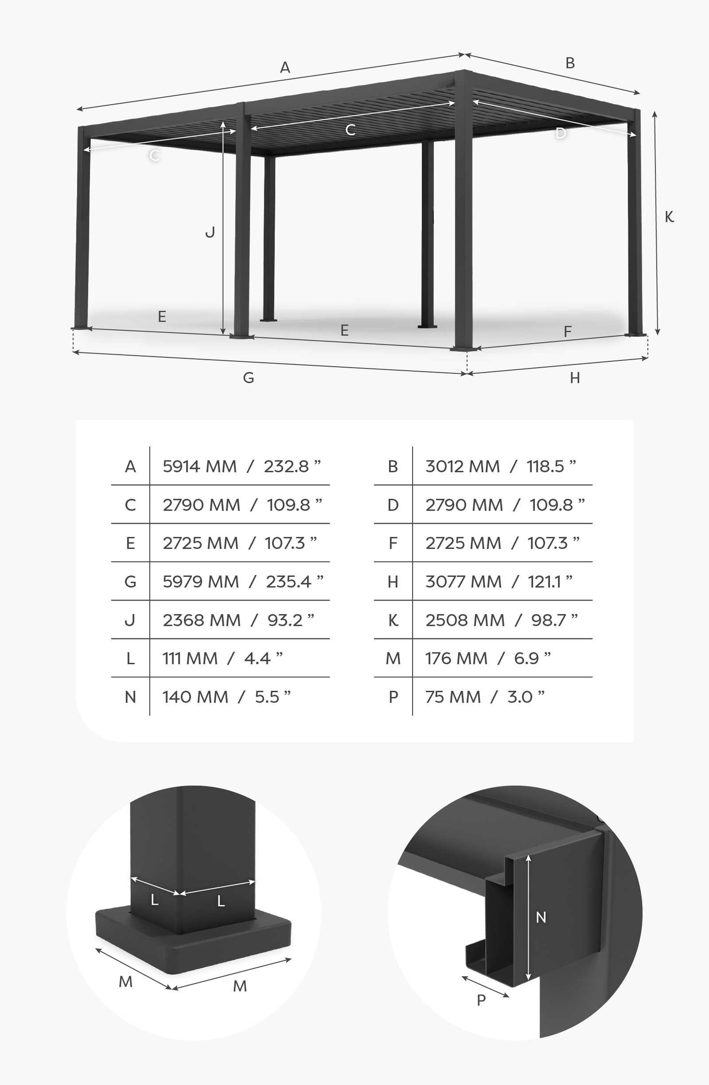Nova - Titan LED Freestanding Aluminium Pergola - 6m x 3m Rectangular - Grey