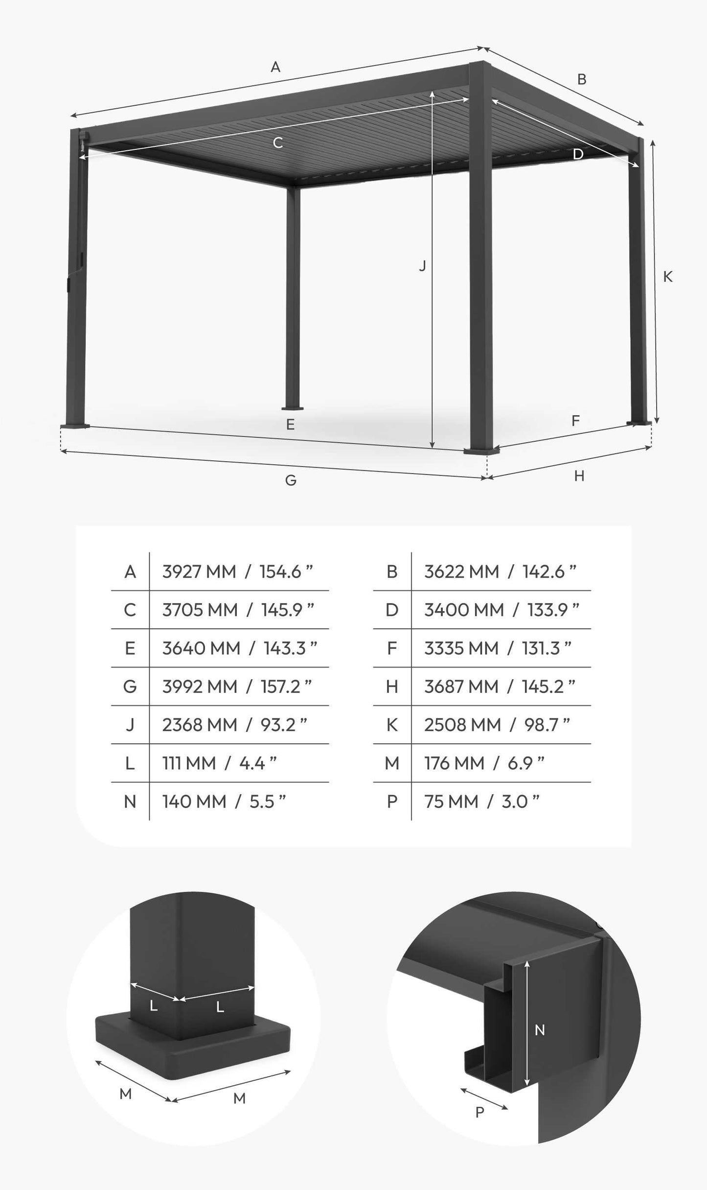 Nova - Titan Freestanding Aluminium Pergola - 4m x 3.6m Rectangular - Grey