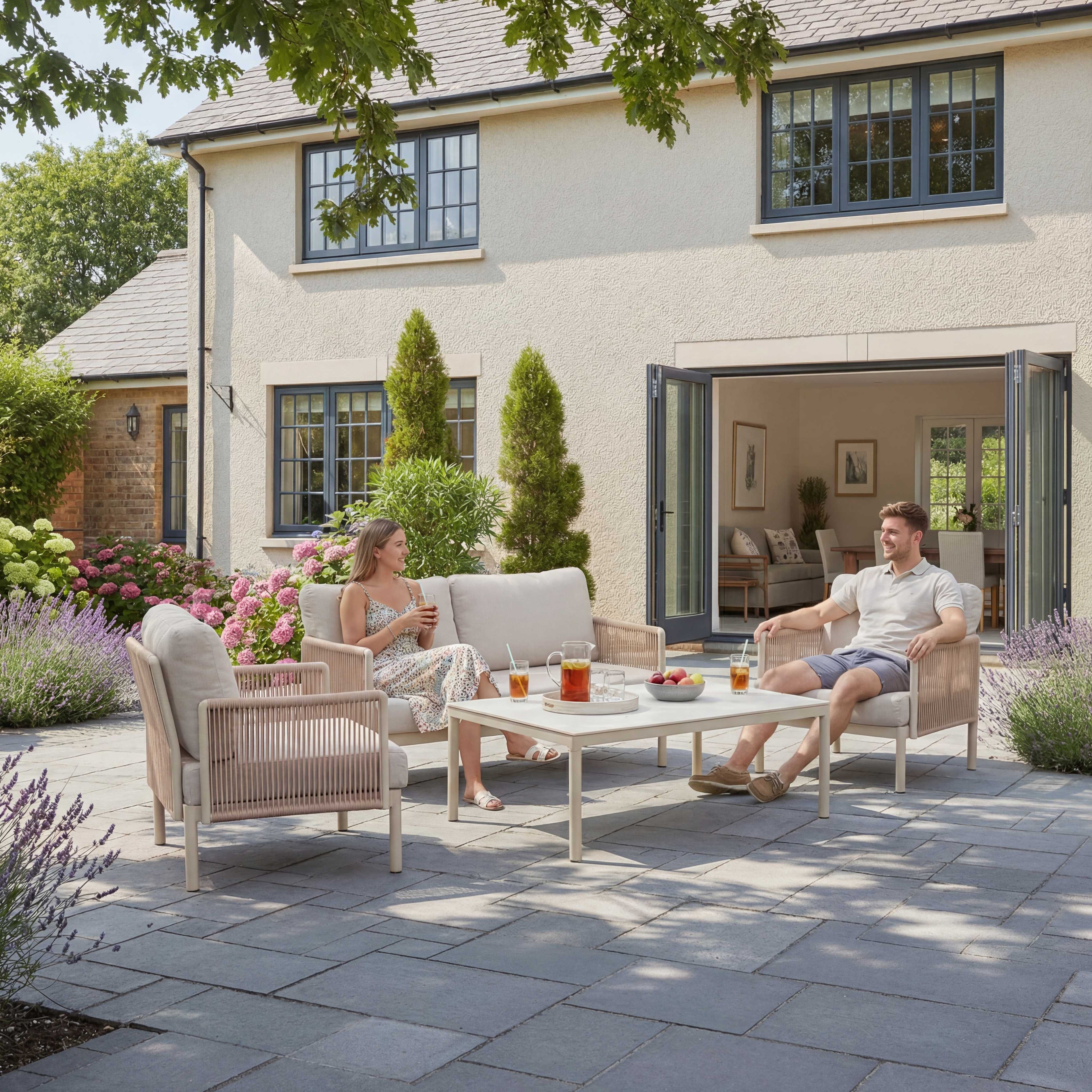 Couple sitting on outdoor furniture set in a patio area of a house.