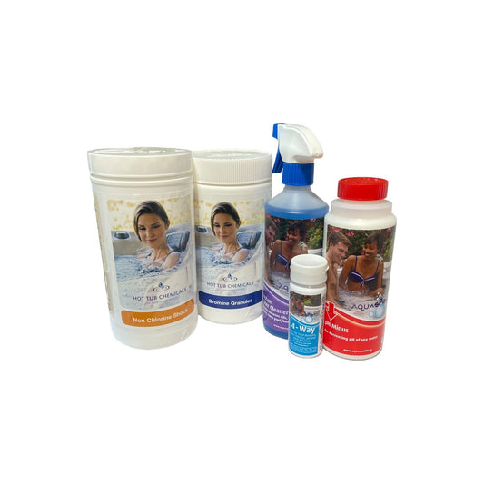 "Complete Bromine Granules Spa Care Kit with 1kg Bromine Granules, 500g Spa Revive, 500ml Instant Filter Cleaner Spray, Test Strips, and 750g pH Minus for 3-month subscription bundle"